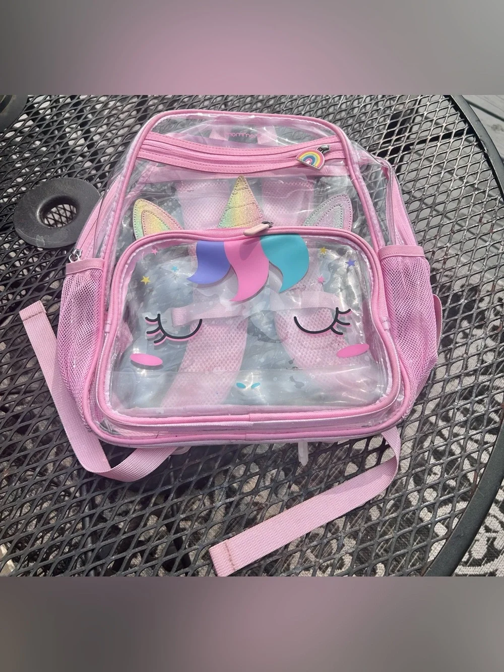 Girls Clear Unicorn Backpack in Pink with Rainbow Mane